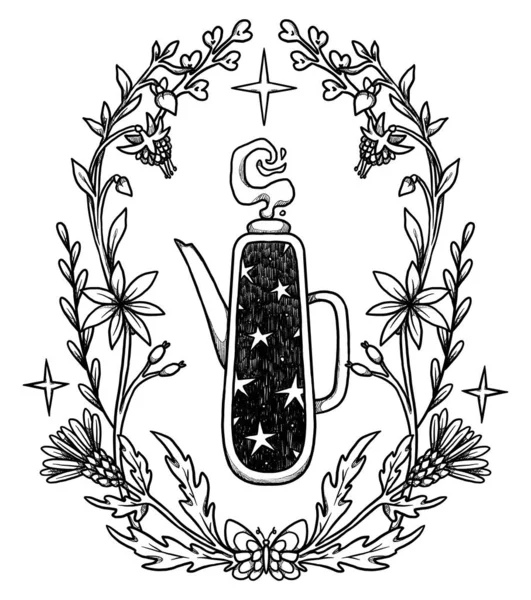 Иллюстрация Чаепития Ручная Линия Искусства Чайники Чашки Цветочный Состав Винтажный — стоковое фото