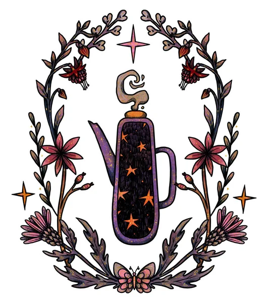 Ilustracja Fairy Tea Party Ręcznie Rysowane Kolorowe Czajniki Kubki Kompozycja — Zdjęcie stockowe