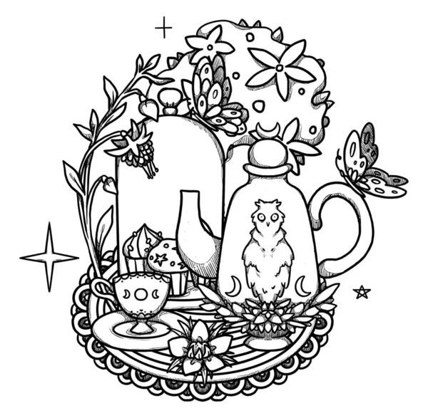 Illustrazione Fata Tea Party Teiere Tazze Arte Disegnate Mano Composizione — Foto Stock