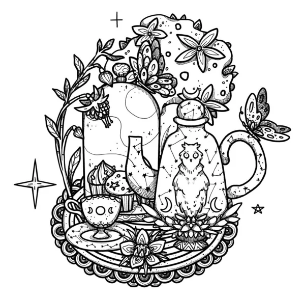Ilustracja Fairy Tea Party Ręcznie Rysowane Czajniki Kubki Kompozycja Kwiatowa — Zdjęcie stockowe