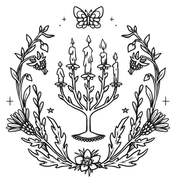童话茶会的插图 手工画的线条 艺术蜡烛和鲜花 花的构图 复古元素 巫术和异教艺术 装饰的性质 被隔离了 — 图库照片