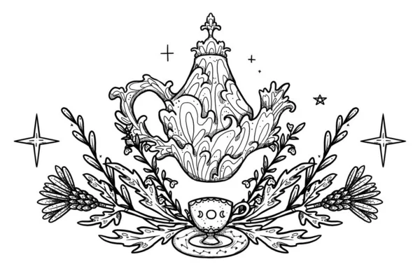童话茶会的插图 手工画线艺术茶壶和茶杯 花的构图 复古元素 巫术和异教艺术 装饰的性质 被隔离了 — 图库照片