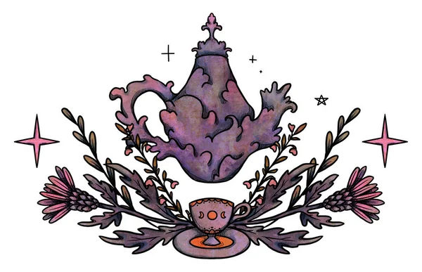 童话茶会的插图 手绘彩色茶壶和茶杯 花的构图 复古元素 巫术和异教艺术 装饰的性质 与白种人隔离 — 图库照片