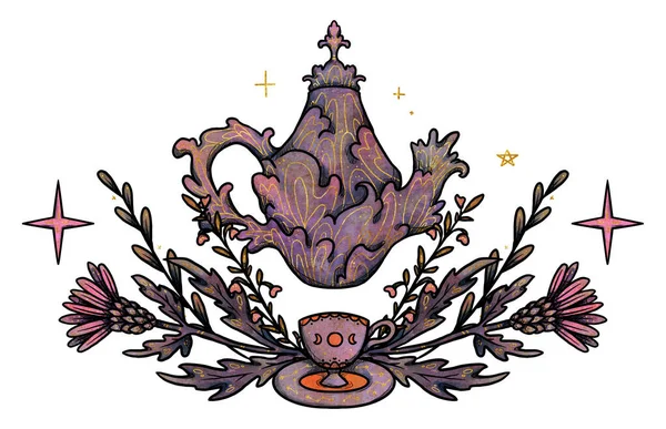 Fairy Tea Party Illustration Handgezeichnete Farbige Teekannen Und Tassen Florale — Stockfoto