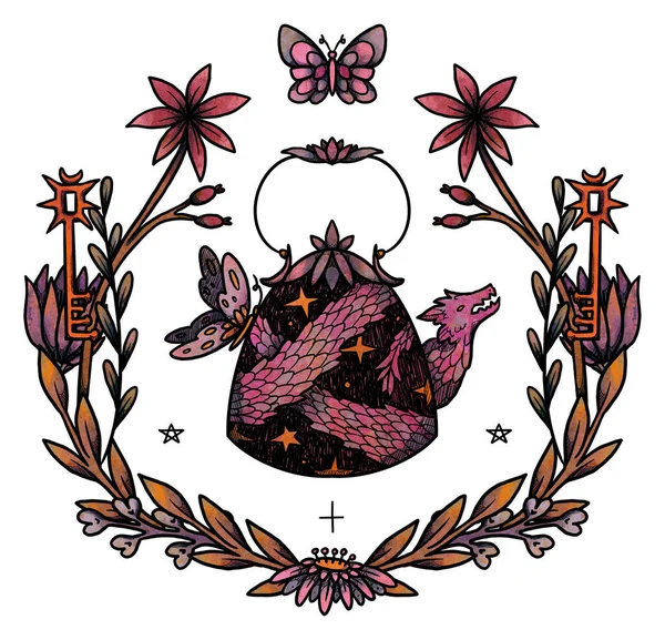 童话茶会的插图 手绘彩色茶壶和茶杯 花的构图 复古元素 巫术和异教艺术 装饰的性质 与白种人隔离 — 图库照片