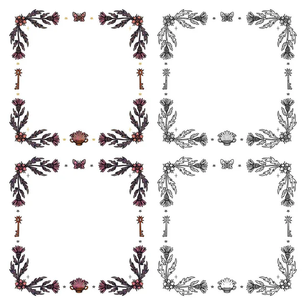 Boho Feenhafte Quadratische Rahmen Handgezeichnetes Farb Und Linienkunstset Florale Illustrationen — Stockfoto