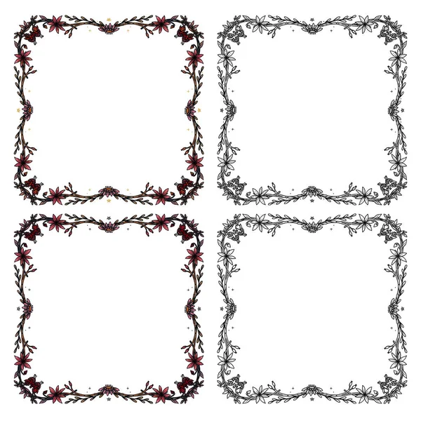 Boho Feenhafte Quadratische Rahmen Handgezeichnetes Farb Und Linienkunstset Florale Illustrationen — Stockfoto