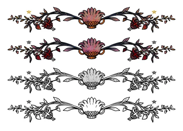 Boho Fairy Frames Hand Drawn Colored Line Art Set Floral — Stock Photo, Image