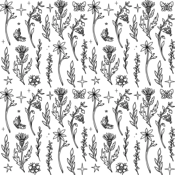 stock image Fairy Tea Party seamless patterns. Hand-drawn line art cups and teapots. Boho and vintage dishes. Shamanic and pagan vibes. Isolated on white.