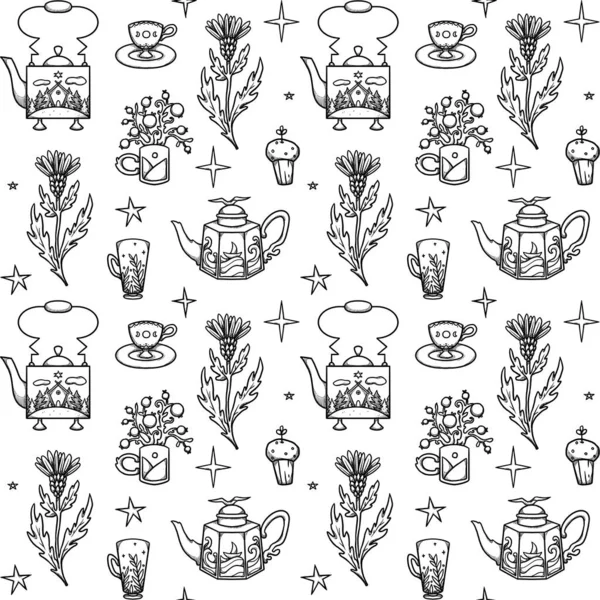 Fairy Tea Party Seamless Patterns Hand Drawn Line Art Cups — Stock Photo, Image