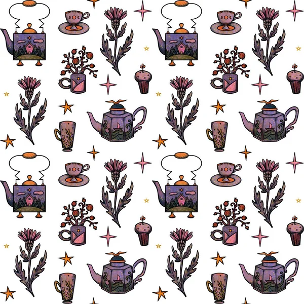 Fairy Tea Party Seamless Patterns Hand Drawn Colored Cups Teapots — Stock Photo, Image