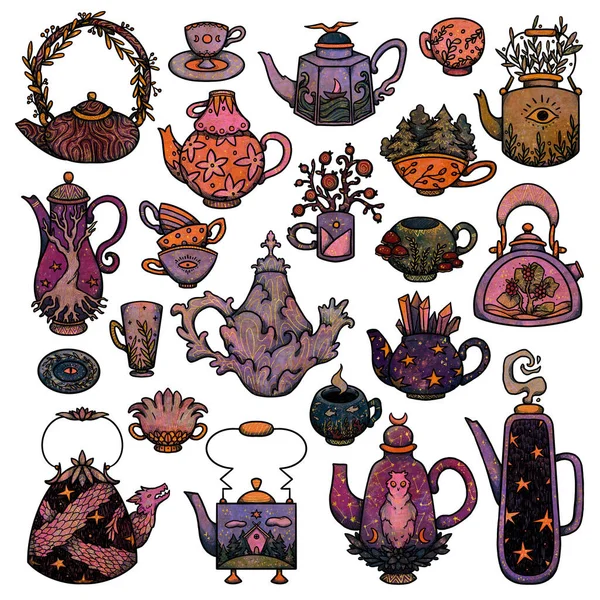 Set Tazze Decorativi Fata Bollitori Illustrazioni Collezione Boho Vintage Tea — Foto Stock