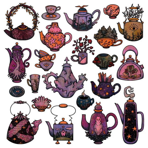 Zestaw Dekoracyjnych Bajkowych Filiżanek Ilustracji Czajników Kolekcja Boho Herbata Vintage — Zdjęcie stockowe