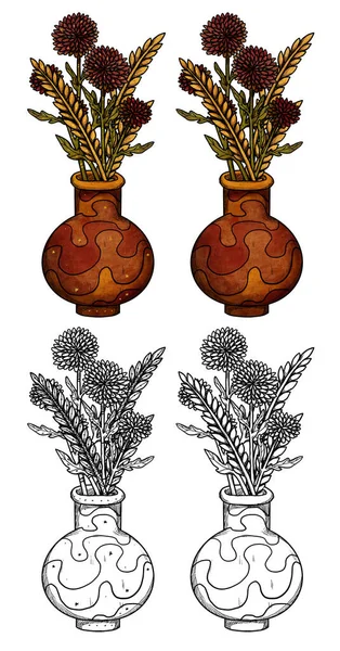 Set Composizioni Autunnali Decorative Vaso Disegnato Mano Con Fiori Versioni — Foto Stock