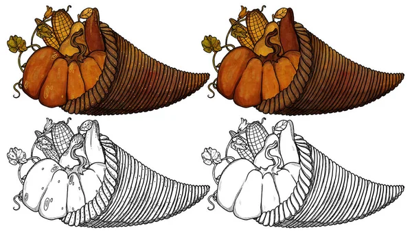 Dekorative Herbstkompositionen Handgezeichnetes Füllhorn Farb Gold Und Line Art Versionen — Stockfoto