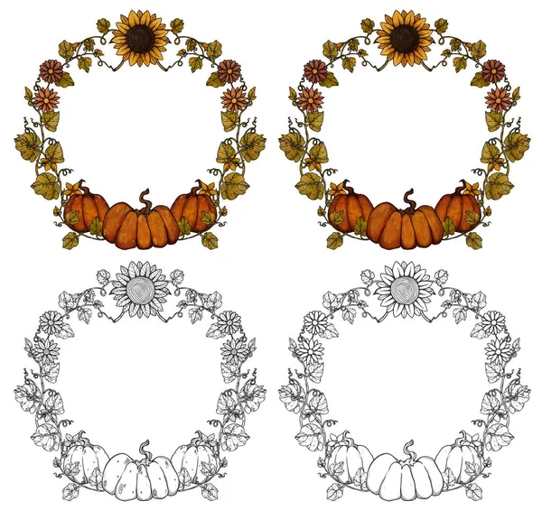 Set Decorative Autumn Frames Hand Drawn Wreath Pumpkin Chrysanthemum Sunflower — Stock Photo, Image