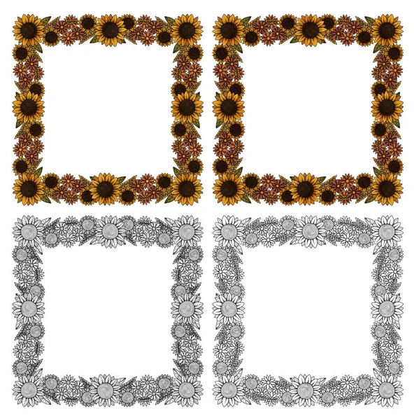 Dekorative Herbstrahmen Handgezeichnete Sonnenblumen Mais Farb Gold Und Linien Und — Stockfoto
