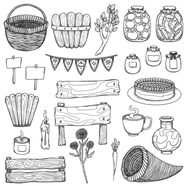 Dekoratif sonbahar hasat elementleri. Adil ve hasat için eşyalar. Boho ve vintage koleksiyonu. Alışverişe git. Dekoratif bir doğa. Beyazda izole edilmiş. Satır sanatı