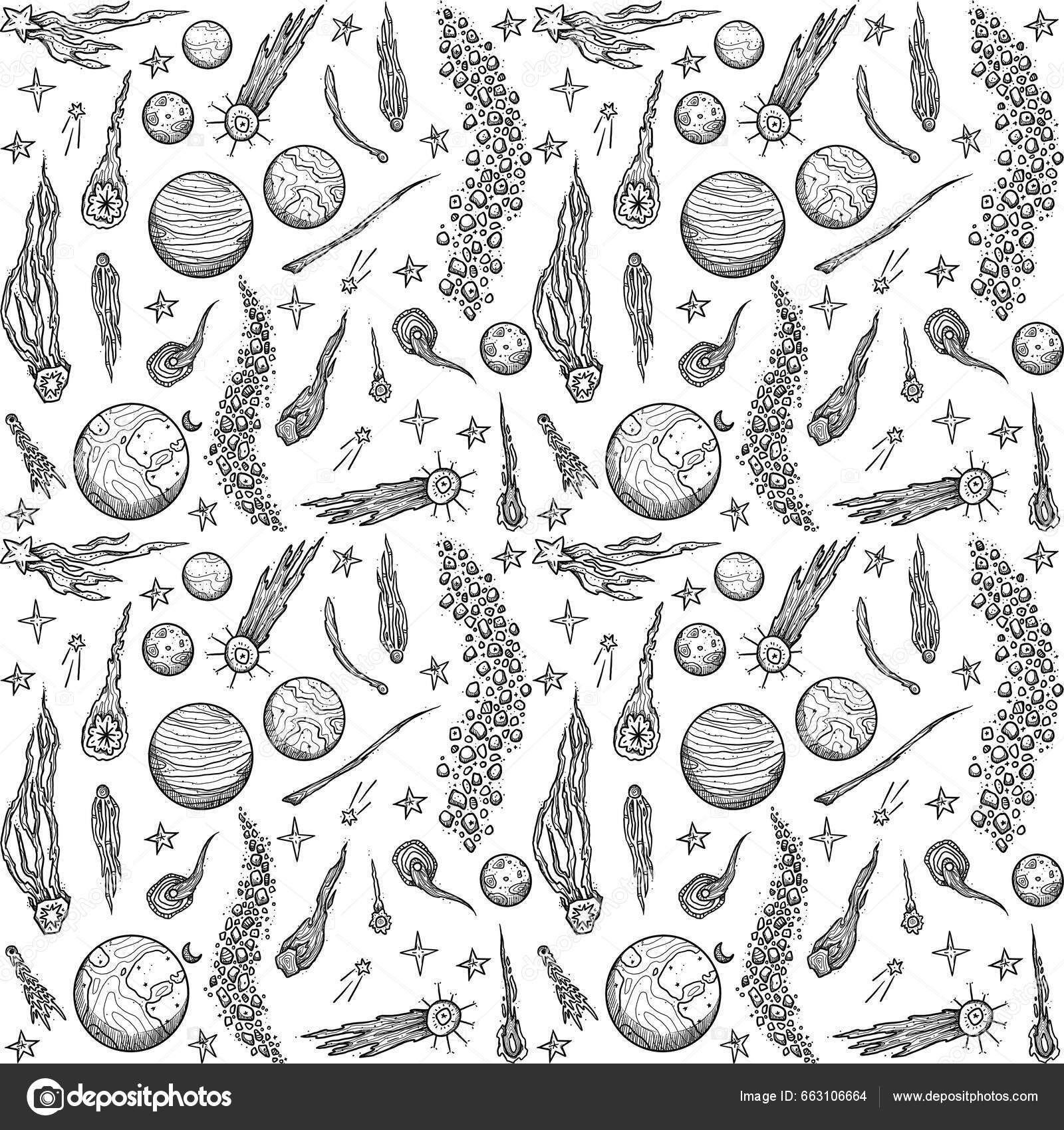 Seamless Pattern with Hand Drawn Doodle Line Art Celestial Bodies