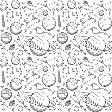 Kusursuz bir desen. El çizimi, gök cisimleri. Gezegenler, yıldızlar ve asteroitler. Boho ve vintage koleksiyonu. Beyazda izole edilmiş.