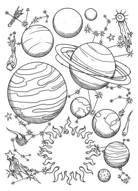 Boho kozmik poster. El çizimi, gök cisimleri. Astronomi kompozisyonu. Vintage elementi. Wiccan ve astroloji sanatı. Dekoratif bilim. Beyazda izole edilmiş