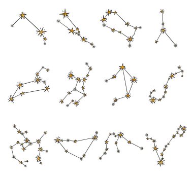 Zodiac işaretleri. El çizimi takımyıldız seti. Klasik renkli ve çizgi sanatı elementleri. Wiccan ve astroloji sanatı. Dekoratif semboller. Beyazda izole edilmiş