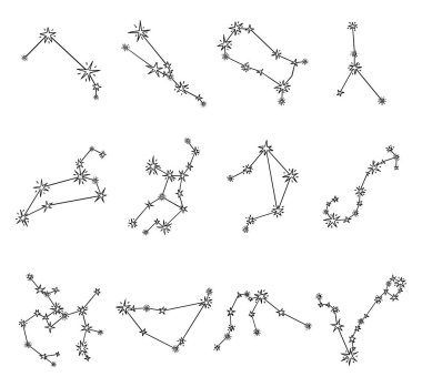 Zodiac işaretleri. El çizimi takımyıldız seti. Klasik sanat öğeleri. Wiccan ve astroloji sanatı. Dekoratif semboller. Beyazda izole edilmiş