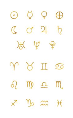 Astroloji ve burç işaretleri. Elle çizilmiş gök cisimleri. Klasik sanat öğeleri. Wiccan ve astronomi sanatı. Beyazda izole edilmiş