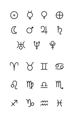 Astroloji ve burç işaretleri. Elle çizilmiş gök cisimleri. Klasik sanat öğeleri. Wiccan ve astronomi sanatı. Beyazda izole edilmiş