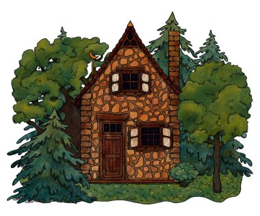 El yapımı rahat bir ev. Renkli orman manzarası. Çiçek manzarasında bir tatil evi. Tahta ve tuğla ev. Gottagecore ve Goblincore illüstrasyonu. Kırsal bölge. Peri kulübesi.
