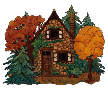 Elle çizilmiş sonbahar sıcacık evi. Renkli orman manzarası. Çiçek manzarasında bir tatil evi. Tahta ve tuğla ev. Gottagecore ve Goblincore illüstrasyonu. Kırsal bölge. Peri kulübesi.