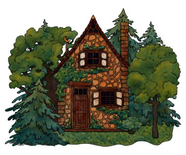 El yapımı yay kaplamalı ev. Renkli orman manzarası. Çiçek manzarasında bir tatil evi. Tahta ve tuğla ev. Gottagecore ve Goblincore illüstrasyonu. Kırsal bölge. Peri kulübesi.