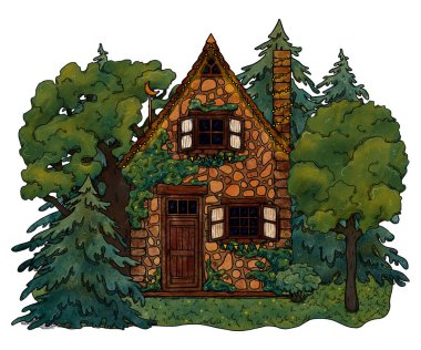 El yapımı dekoratif rahat bir ev. Renkli orman manzarası. Çiçek manzarasında bir tatil evi. Tahta ve tuğla ev. Gottagecore ve Goblincore illüstrasyonu. Kırsal bölge. Peri kulübesi.