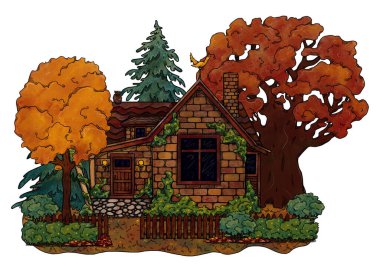 Elle çizilmiş sonbahar sıcacık evi. Renkli orman manzarası. Çiçek manzarasında bir tatil evi. Tahta ve tuğla ev. Gottagecore ve Goblincore illüstrasyonu. Kırsal bölge. Peri kulübesi.