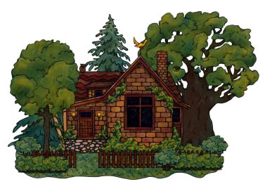 El yapımı yay kaplamalı ev. Renkli orman manzarası. Çiçek manzarasında bir tatil evi. Tahta ve tuğla ev. Gottagecore ve Goblincore illüstrasyonu. Kırsal bölge. Peri kulübesi.