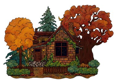 El yapımı dekoratif rahat bir ev. Renkli orman manzarası. Çiçek manzarasında bir tatil evi. Tahta ve tuğla ev. Gottagecore ve Goblincore illüstrasyonu. Kırsal bölge. Peri kulübesi.