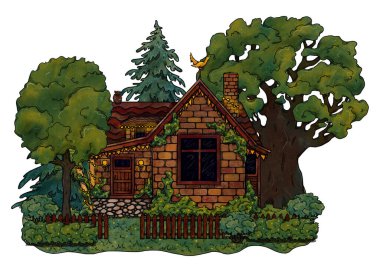 El yapımı dekoratif rahat bir ev. Renkli orman manzarası. Çiçek manzarasında bir tatil evi. Tahta ve tuğla ev. Gottagecore ve Goblincore illüstrasyonu. Kırsal bölge. Peri kulübesi.