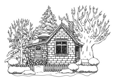 El yapımı Noel rahat evi. Çizgi sanat ormanı manzarası. Çiçek manzarasında bir tatil evi. Tahta ve tuğla ev. Gottagecore ve Goblincore illüstrasyonu. Kırsal bölge. Peri kulübesi.