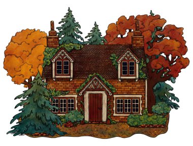Elle çizilmiş sonbahar sıcacık evi. Renkli orman manzarası. Çiçek manzarasında bir tatil evi. Tahta ve tuğla ev. Gottagecore ve Goblincore illüstrasyonu. Kırsal bölge. Peri kulübesi.