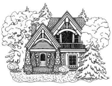 El yapımı sonbahar çizgisi, rahat ev sanatı. Orman manzarası. Çiçek manzarasında bir tatil evi. Tahta ve tuğla ev. Gottagecore ve Goblincore illüstrasyonu. Kırsal bölge. Peri kulübesi.