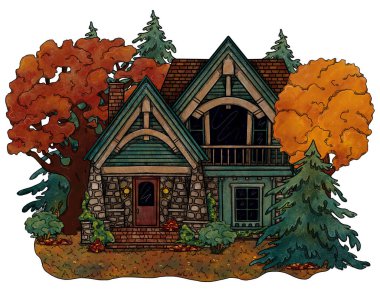 Elle çizilmiş sonbahar sıcacık evi. Renkli orman manzarası. Çiçek manzarasında bir tatil evi. Tahta ve tuğla ev. Gottagecore ve Goblincore illüstrasyonu. Kırsal bölge. Peri kulübesi.