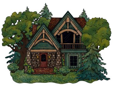 El yapımı yay kaplamalı ev. Renkli orman manzarası. Çiçek manzarasında bir tatil evi. Tahta ve tuğla ev. Gottagecore ve Goblincore illüstrasyonu. Kırsal bölge. Peri kulübesi.