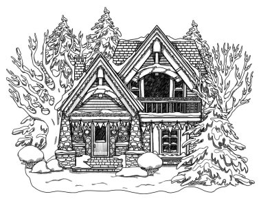 El yapımı Noel rahat evi. Çizgi sanat ormanı manzarası. Çiçek manzarasında bir tatil evi. Tahta ve tuğla ev. Gottagecore ve Goblincore illüstrasyonu. Kırsal bölge. Peri kulübesi.