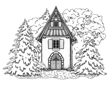 El yapımı sonbahar çizgisi, rahat ev sanatı. Orman manzarası. Çiçek manzarasında bir tatil evi. Tahta ve tuğla ev. Gottagecore ve Goblincore illüstrasyonu. Kırsal bölge. Peri kulübesi.