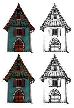 El yapımı rahat bir ev. Renkli ve çizgili sanat ormanı. Çiçek manzarasında bir tatil evi. Tahta ve tuğla ev. Gottagecore ve Goblincore illüstrasyonu. Kırsal bölge. Peri kulübesi.