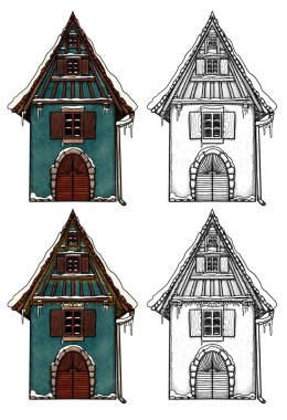 El yapımı kışlık ev. Renkli ve çizgili sanat ormanı. Çiçek manzarasında bir tatil evi. Tahta ve tuğla ev. Gottagecore ve Goblincore illüstrasyonu. Kırsal bölge. Peri kulübesi.