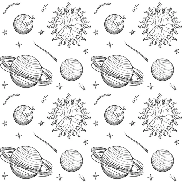 Patrón Inconsútil Del Espacio Cuerpos Celestes Dibujados Mano Planetas Estrellas — Foto de Stock