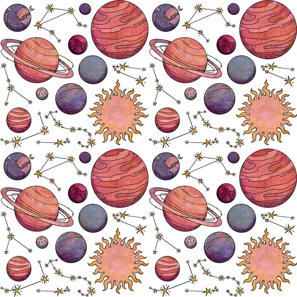 Raumnahtloses Muster Handgezeichnete Farbige Himmelskörper Planeten Sterne Und Asteroiden Boho — Stockfoto