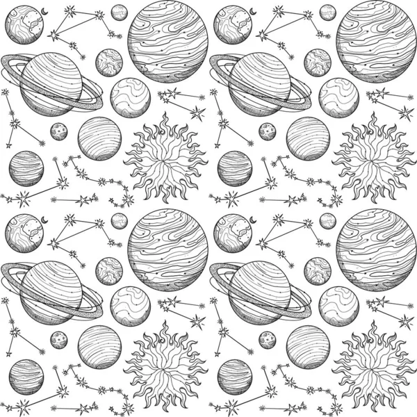 Patrón Inconsútil Del Espacio Cuerpos Celestes Dibujados Mano Planetas Estrellas —  Fotos de Stock