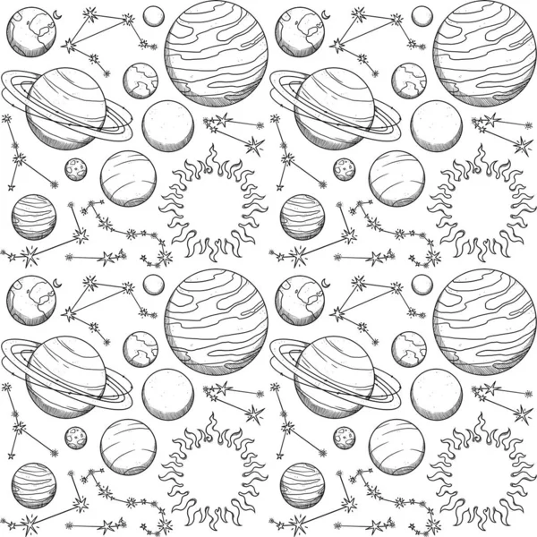 Patrón Inconsútil Del Espacio Cuerpos Celestes Dibujados Mano Planetas Estrellas —  Fotos de Stock